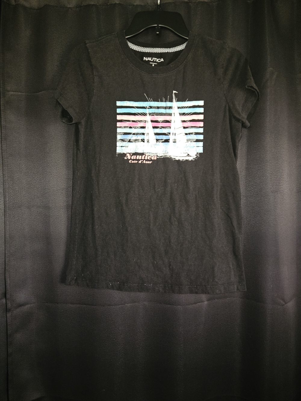 Nautica Black Graphic Tee Sailboat Cote d'Azur T-Shirt Size S